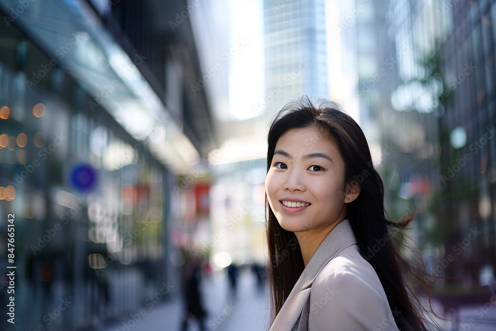 Obraz premium Smiling Asian Office Lady in Office Building Background
