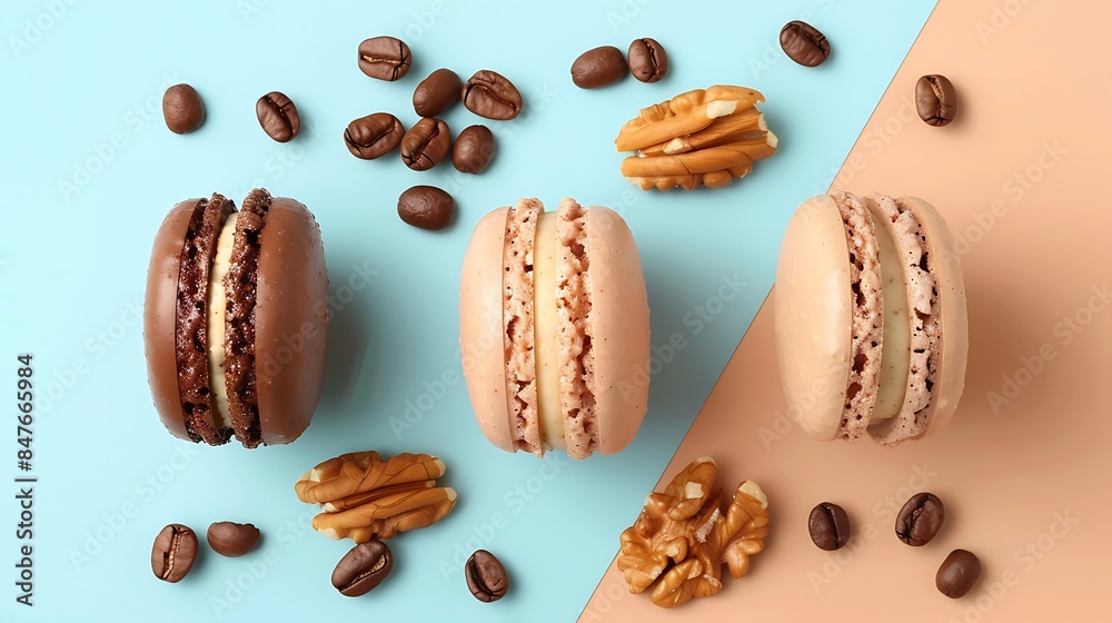 Top view of french dessert tasty macaroons with coffee beans and nuts isolated on colorful background Top view of french dessert tasty macaroons with coffee beans and nuts isolated on colorful background