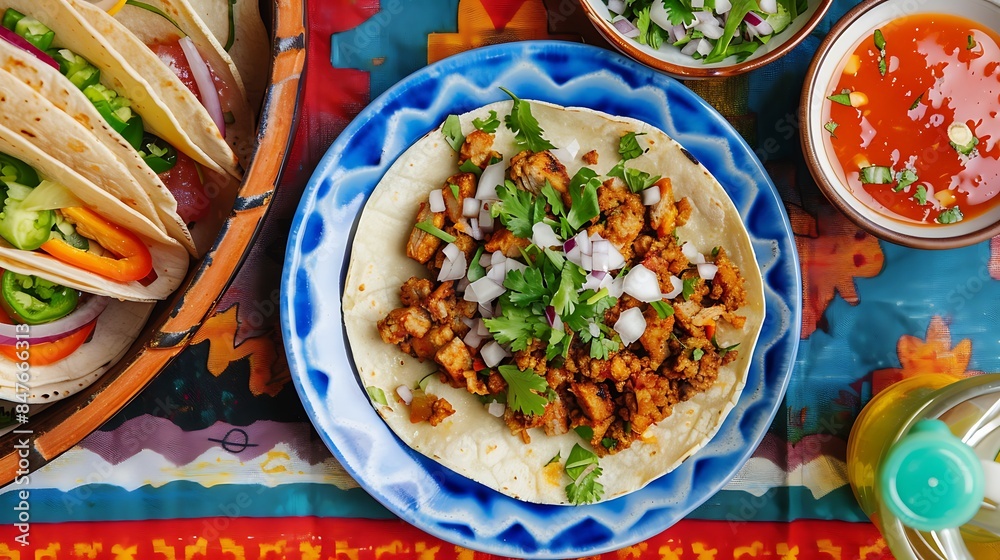 Top view of taco served on blue ceramic plate near bowls of salsa sauce and chopped greens and onion isolated on colorful background Top view of taco served on blue ceramic plate near bowls of salsa sauce and chopped greens and onion isolated on colorful background