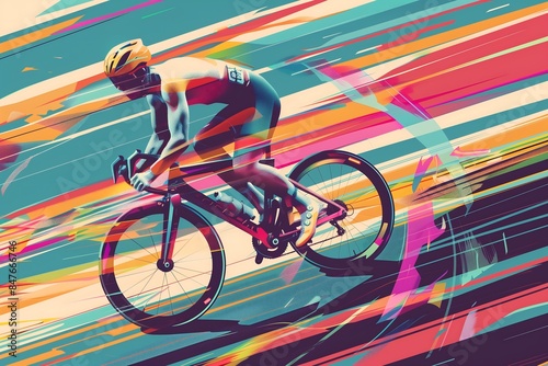 Retro cycling sprinter in 80s vintage style: Simplified line art with bold geometric shapes and pastel color palette © HendraGalus