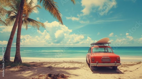 A vintage car parked under swaying palm trees on a sunny beach exudes the perfect summer escape.