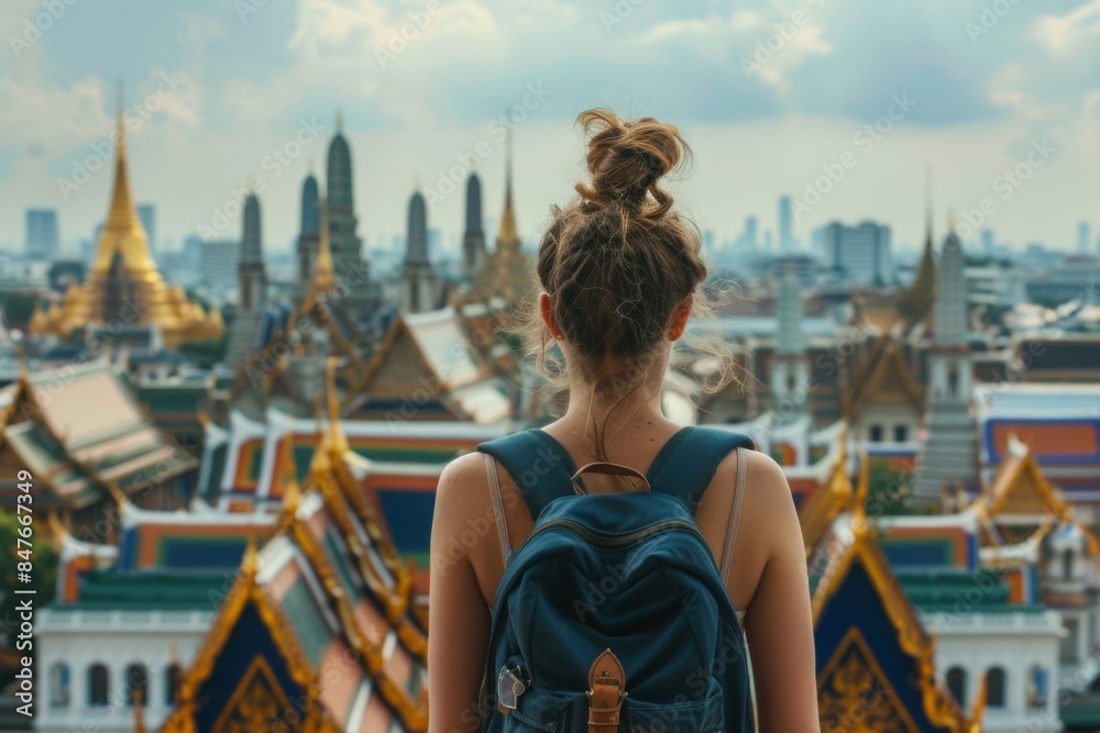 Backpacker admires temple rooftops Backpacker admires temple rooftops