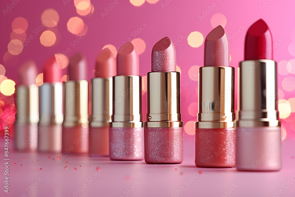 Luxury Lipsticks Collection on Pink Background with Glittering Bokeh Lights, Perfect for Beauty and Makeup Designs Luxury Lipsticks Collection on Pink Background with Glittering Bokeh Lights, Perfect for Beauty and Makeup Designs