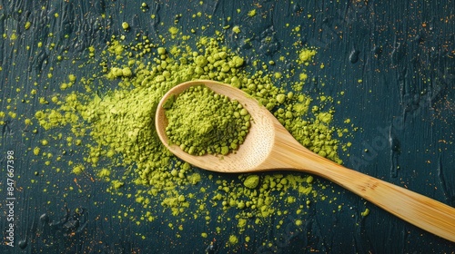 Wooden spoon with a sprinkle of matcha green tea powder