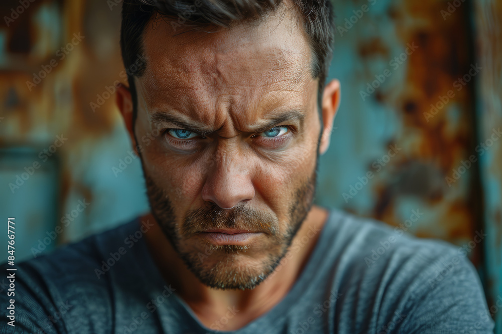 Human portrait conveying anger with furrowed eyebrows and tight jaw muscles, showing frustration and strong emotional expression.. AI generated. Human portrait conveying anger with furrowed eyebrows and tight jaw muscles, showing frustration and strong emotional expression.. AI generated.