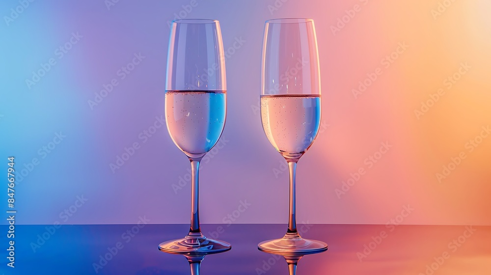 Fototapeta premium Two empty champagne glasses isolated on colorful background