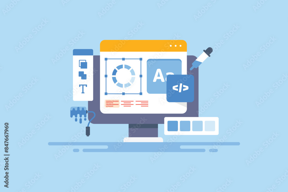 Business branding creative marketing materials on graphic design software display on pc screen, vector illustration.