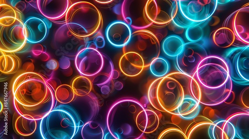 Abstract background with bright neon circles.