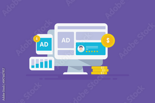 Advertising analytics report social media sponsored ads and display web ads performance growth, business strategy vector illustration.