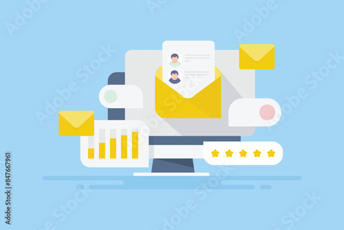 Marketing analytics software display email open, content engagement and conversion rate, web traffic newsletter marketing performance report vector illustration.