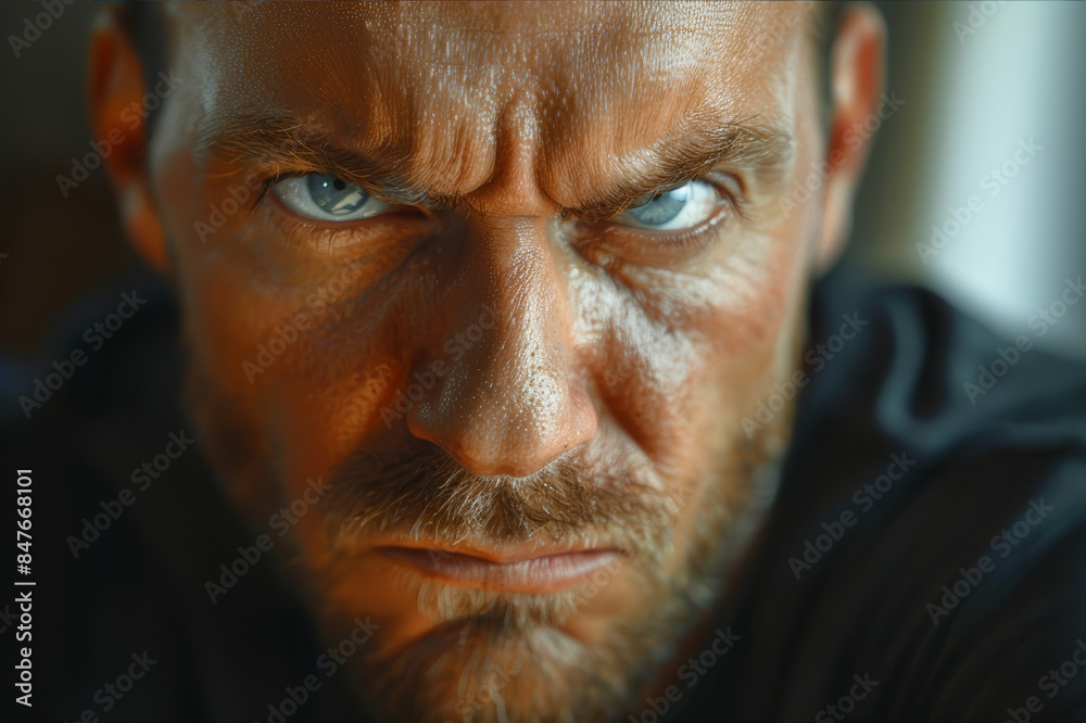 Human portrait conveying anger with furrowed eyebrows and tight jaw ...