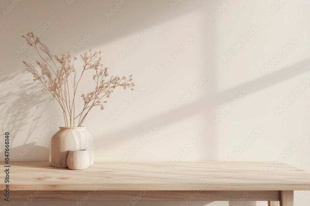 mockup, wooden table against a background of a plain light wall, vase with a branch, ray of light, minimalist mockup, wooden table against a background of a plain light wall, vase with a branch, ray of light, minimalist