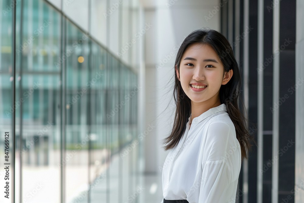 Smiling Asian Office Lady in Office Building Background Smiling Asian Office Lady in Office Building Background