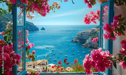 a Mediterranean view from an open window, with flowers overlooking the ocean and coastal town. Use eye-catching graphics and persuasive messaging photo