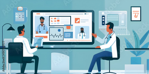 Wallpaper Mural Advanced Telemedicine Collaboration  Doctors Working Together in a High-Tech Medical Office Utilizing Digital Health Technologies for Remote Patient Care Torontodigital.ca