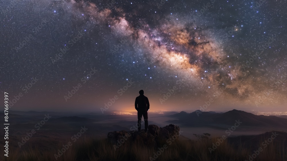 Fototapeta premium Gazing at the vast Milky Way, a lone figure stands in awe of the universe's majestic splendor and infinite possibilities.