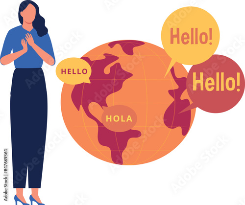 A girl is standing by the globe.