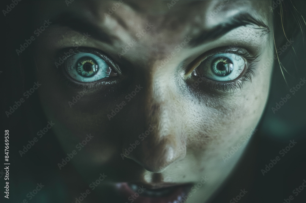 Close-up portrait of a person showcasing fear with wide eyes and a slightly open mouth, set against a blurred and shadowy background.. AI generated.