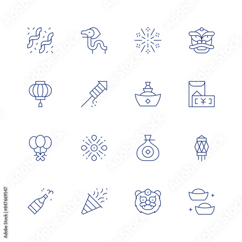 New year line icon set on transparent background with editable stroke. Containing balloons, chineselantern, confetti, dragon, firework, fireworks, lion, money, moneybag, sycee. photo