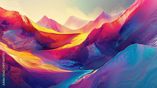 Vibrant abstract landscape painting of colorful mountains and valleys, featuring warm and cool hues blending together harmoniously.