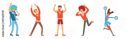 Sport Fan Man and Woman Character at Stadium Vector Set