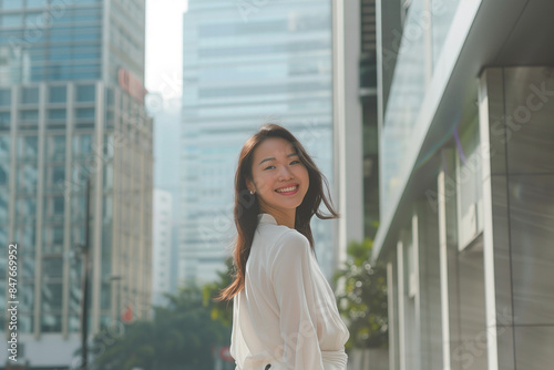 Smiling Asian Office Lady in Office Building Background