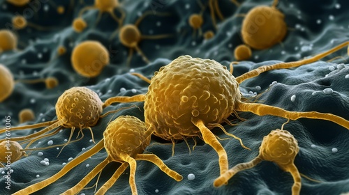 In a microscopic battlefield, cancer cells spread their invasive tendrils across healthy tissue, creating a vivid illustration of the struggle within.