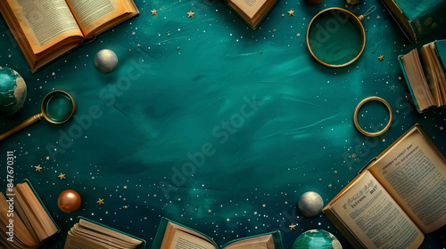 Frame of school supplies, open books with pages, magnifying glass, stars, laid out flat around green background with enough space for text or design in the center, top view, astrology