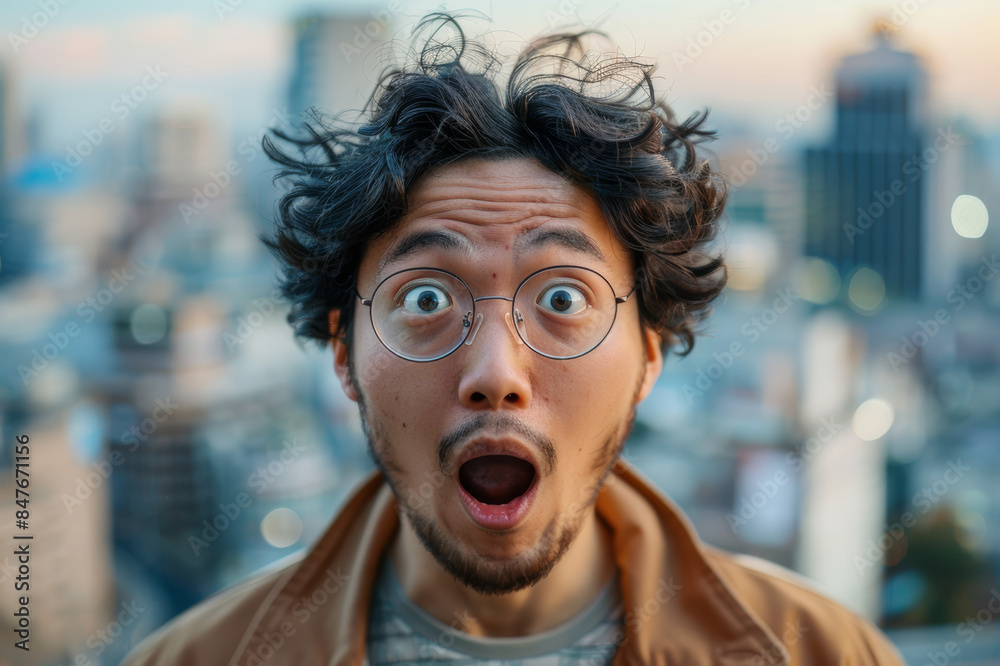 Portrait of a person with a surprised expression, featuring raised eyebrows and an open mouth. Background shows a blurred cityscape.. AI generated. Portrait of a person with a surprised expression, featuring raised eyebrows and an open mouth. Background shows a blurred cityscape.. AI generated.