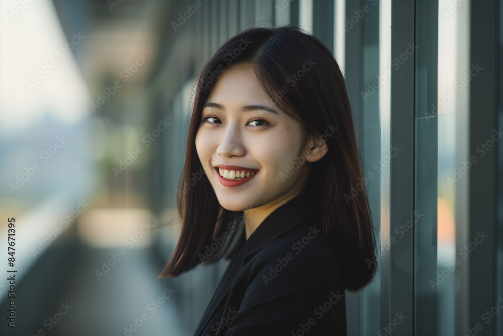 Smiling Asian Office Lady in Office Building Background Smiling Asian Office Lady in Office Building Background