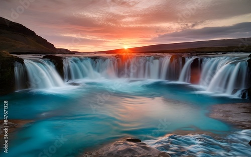 "Marvel at the dazzling dance of Bruarfoss's waters under the kaleidoscopic sky of South Iceland's sunset." 