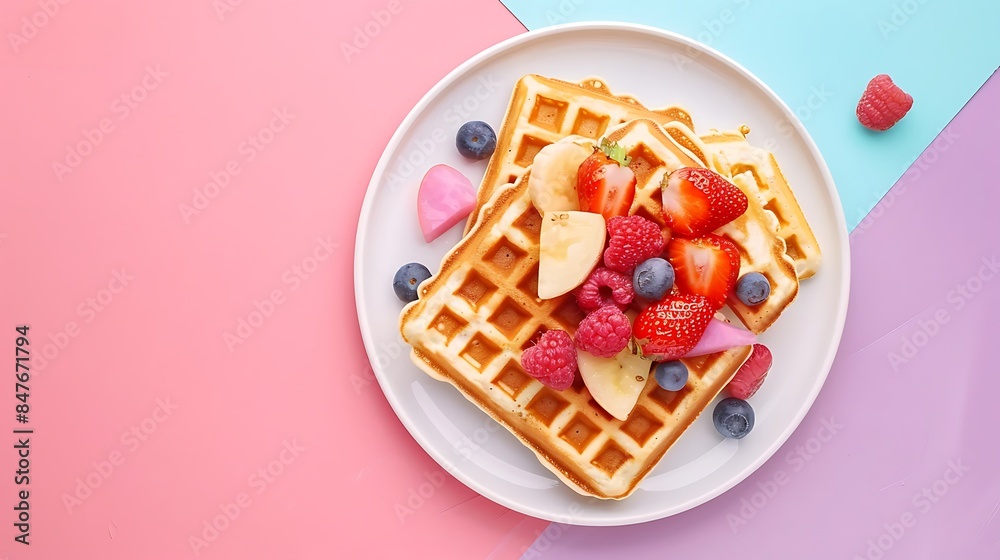 Waffles with fruits in white plate isolated on colorful background Waffles with fruits in white plate isolated on colorful background