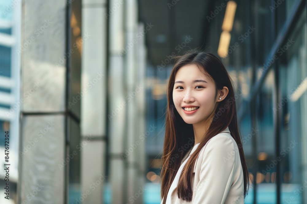 Smiling Asian Office Lady in Office Building Background