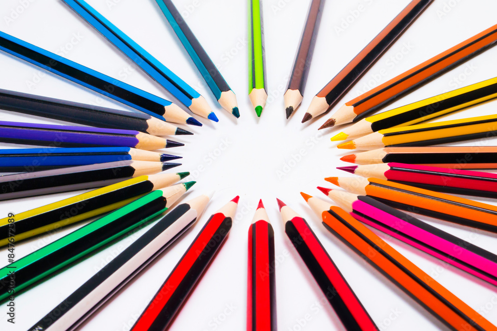 Colored pencils arranged in a circle in perspective Colored pencils arranged in a circle in perspective