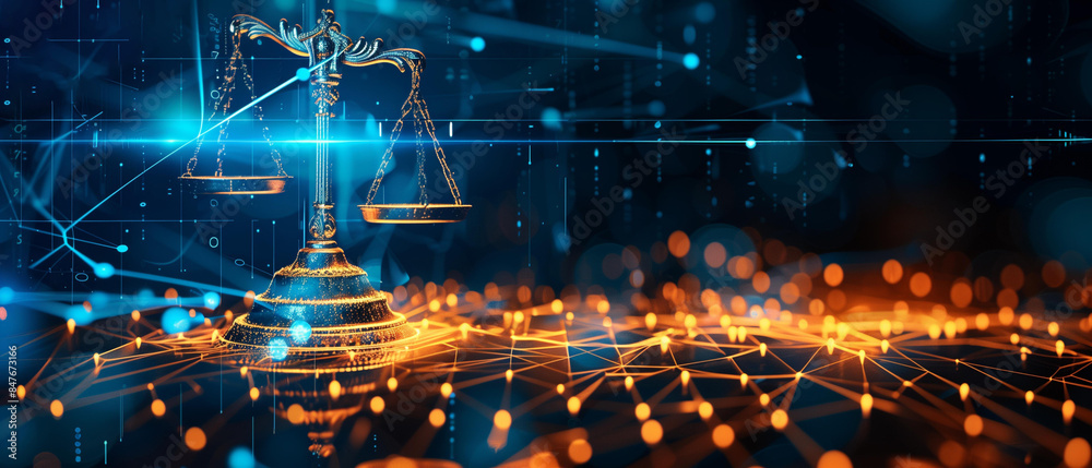 Glowing justice scale on virtual screen with binary code network connections in background virtual compliance, digital internet Glowing justice scale on virtual screen with binary code network connections in background virtual compliance, digital internet