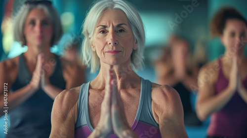  A group of sporty mature women practicing yoga in a gym. Their expressions are serene, embodying a sense of peace and mindfulness. The gym is warmly lit with gentle overhead lighting, creating.