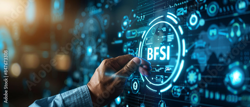 Bfsi (Banking, Financial Services, Insurance) transformation with businessman touching digital screen typing on virtual interface, success progress fintech challenge