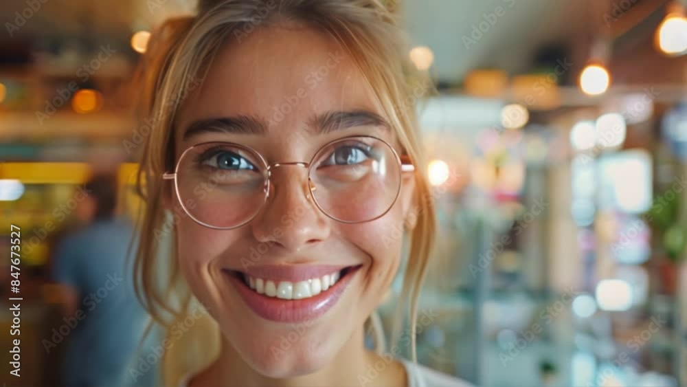 An optics store banner shows a happy customer choosing eyeglasses. Medical eye care. A pretty young woman trying on a new pair of glasses. Happy woman buying glasses at optics store An optics store banner shows a happy customer choosing eyeglasses. Medical eye care. A pretty young woman trying on a new pair of glasses. Happy woman buying glasses at optics store