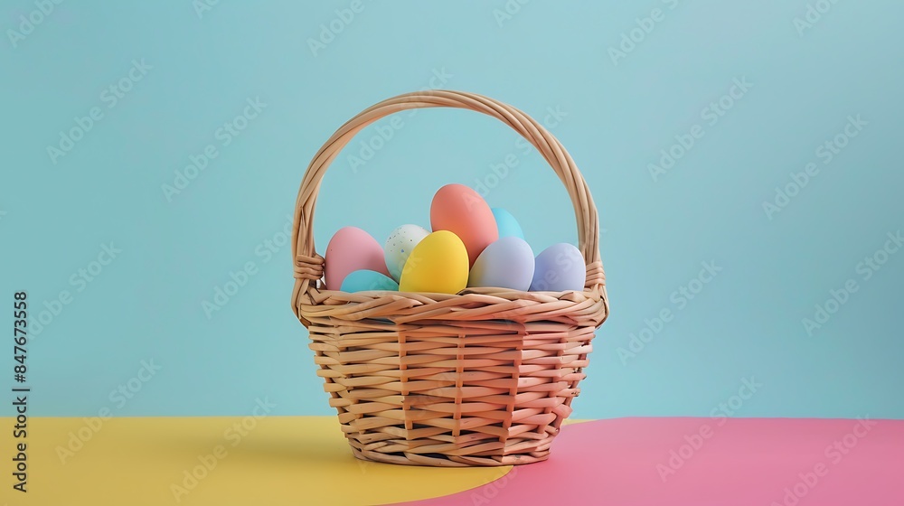 Wooden basket with easter eggs and sweets on the table isolated on colorful background Wooden basket with easter eggs and sweets on the table isolated on colorful background