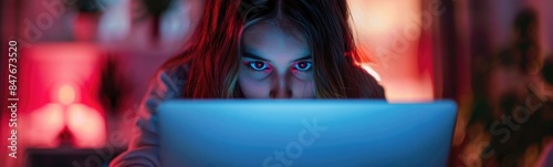Woman sitting on couch with laptop in dark room with blue light, cyberbullying
 photo