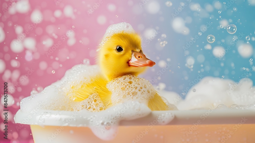 Yellow baby duck in a tiny white bathtub covered with soap bubbles isolated on colorful background Yellow baby duck in a tiny white bathtub covered with soap bubbles isolated on colorful background