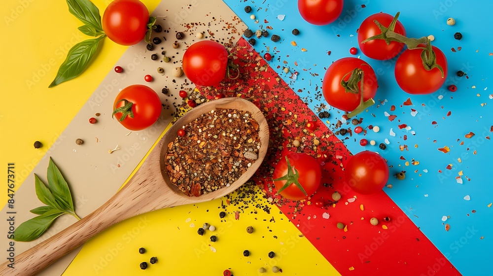 Wooden spoon with spices and red tomatoes isolated on colorful background Wooden spoon with spices and red tomatoes isolated on colorful background