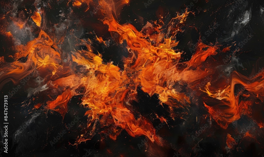 Burst of flames against a black backdrop, red-orange abstract background Burst of flames against a black backdrop, red-orange abstract background