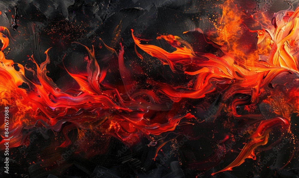 Burst of flames against a black backdrop, red-orange abstract background Burst of flames against a black backdrop, red-orange abstract background