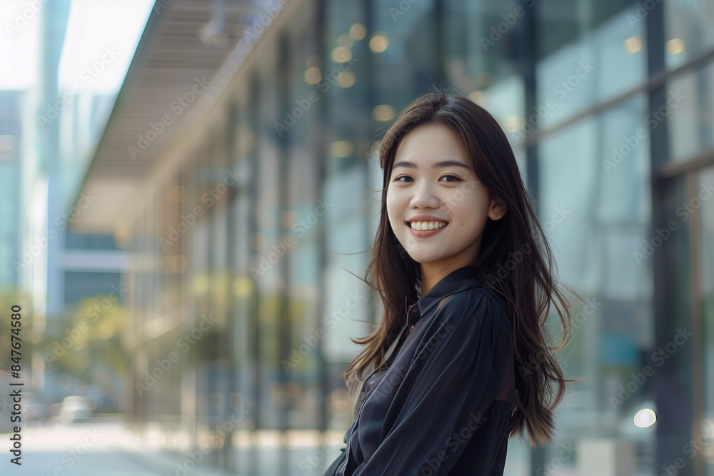 Smiling Asian Businesswoman in Office Building Background