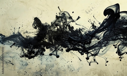 Ink explosion, black tendrils spreading on white background © TheoTheWizard