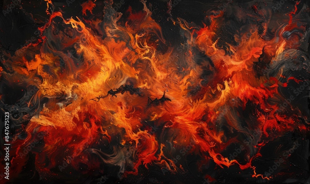 Burst of flames against a black backdrop, red-orange hues Burst of flames against a black backdrop, red-orange hues
