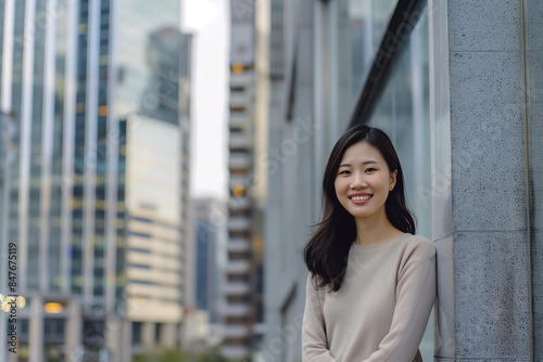 Free Download Smiling Asian Businesswoman in Office Building Background - GFXLoad