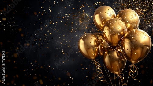 Golden balloons with confetti and ribbons on black background. 