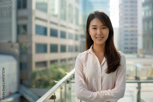 Smiling Asian Businesswoman in Office Building Background © song